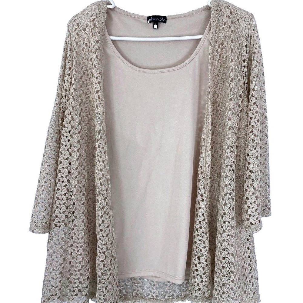 Olivia Blu Crochet Open Front Tank Top Cardigan Beige Cream Women XL Cottagecor